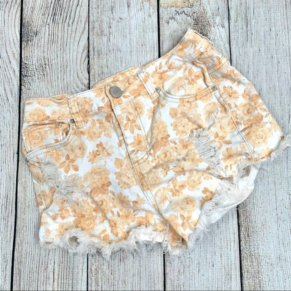 Sapphire Ink Distressed Peach Floral Jean Shorts